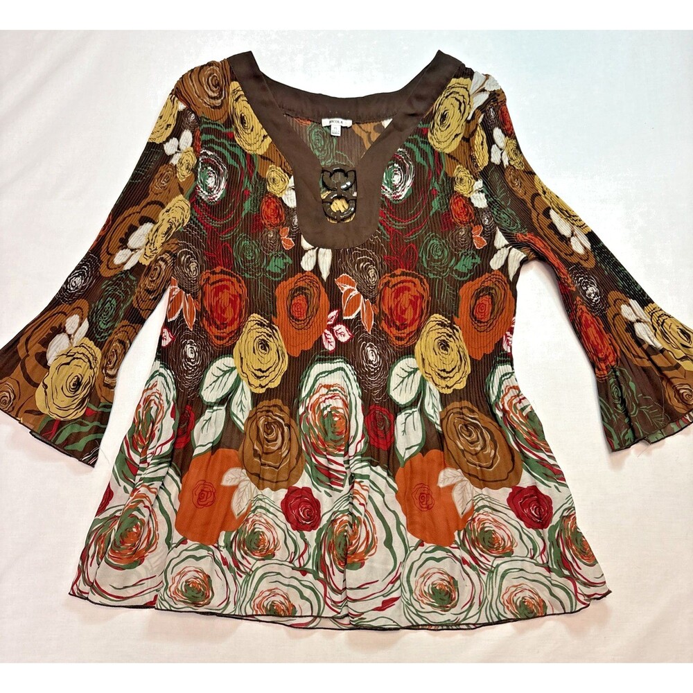 Nicola Tunic Brown Floral Blouse 3/4 Bell Sleeves Crinkle Pleats Womens XL